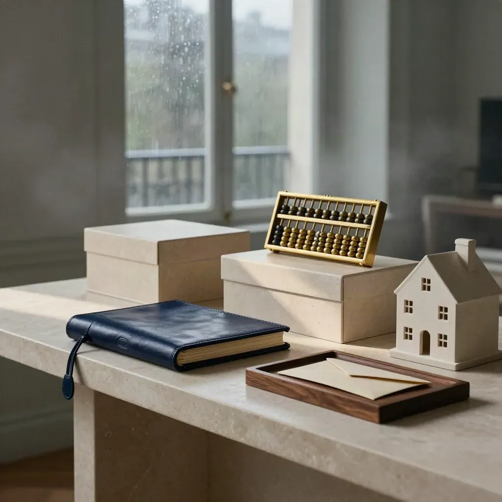 Console parisienne avec abaque, dossier cuir et maquette de maison dans une lumière matinale.