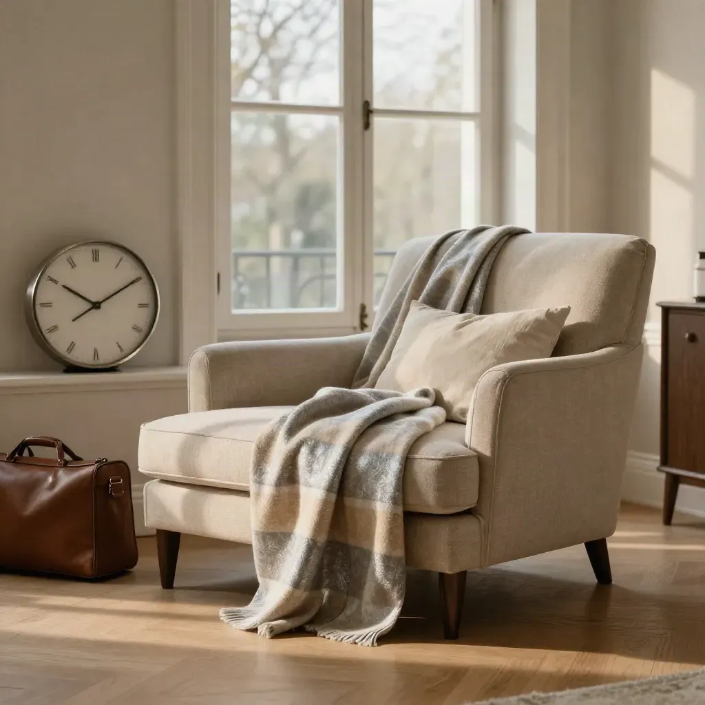 Coin retraite serein avec fauteuil vide, plaid en laine, horloge et étui de voyage près d’une fenêtre.