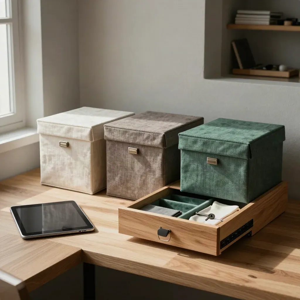 Studio apaisé avec boîtes de réserve, tablette éteinte et tiroir de trésorerie ordonné.