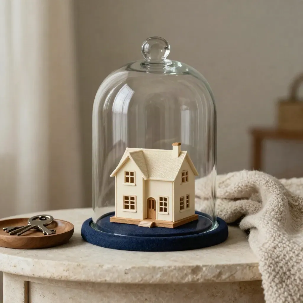 Mini-maison sous cloche, vide-poche à clés et couverture en laine, ambiance protectrice.
