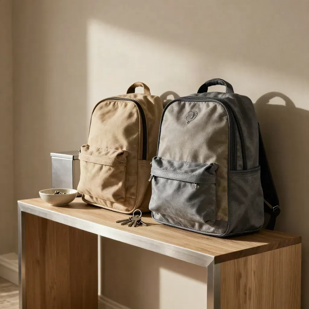 Console d’entrée familiale avec sacs d’école, clés et boîte sécurisée dans la lumière du matin.