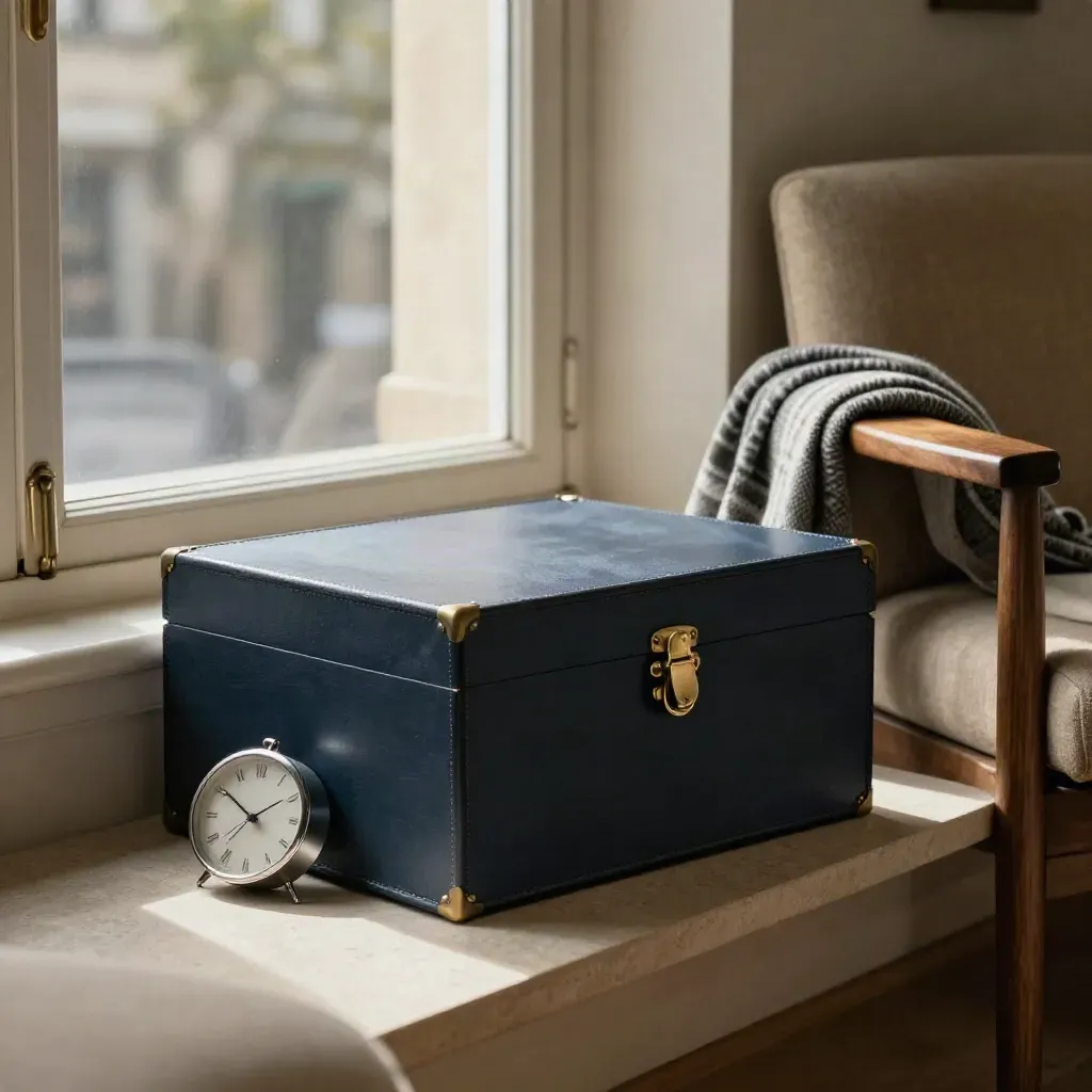 Coin fenêtre cosy avec boîte d’archives retraite, horloge, plaid en laine et deux fauteuils.