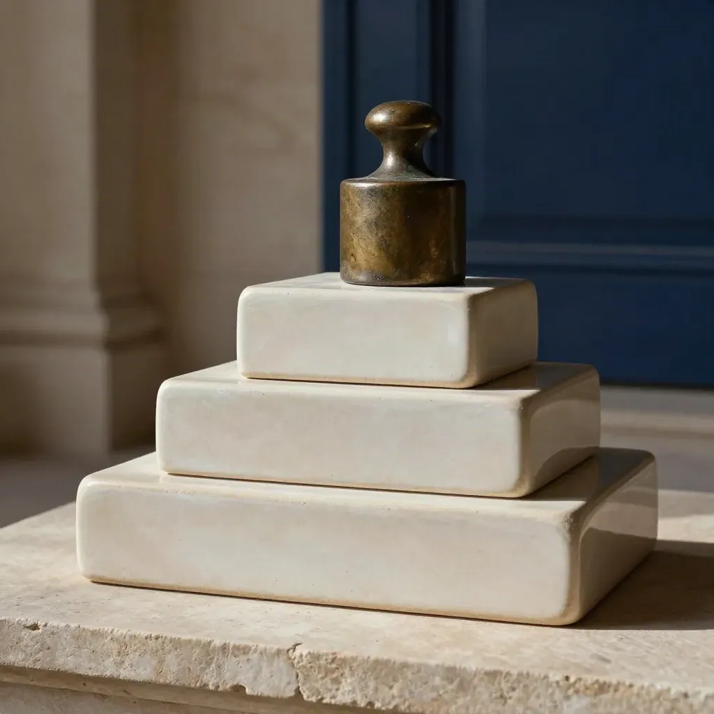 Blocs céramiques en gradins et poids bronze sur pierre claire, ambiance sombre et premium.