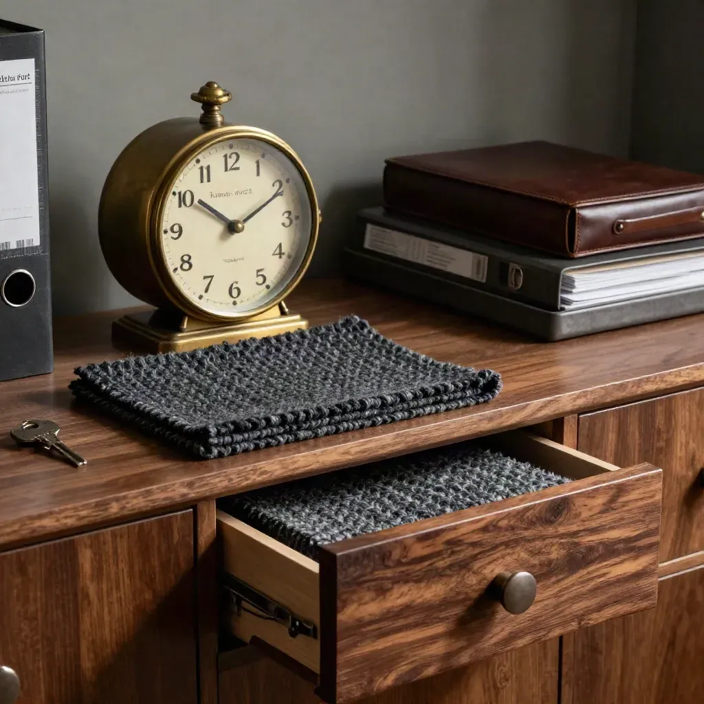 Horloge en laiton, laine pliée et tiroir en noyer dans un décor financier sombre.