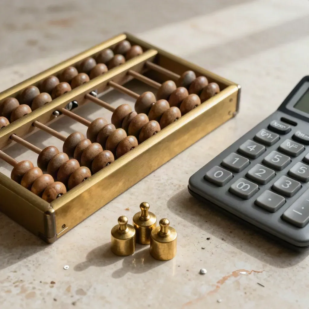 Abaque, poids en laiton et calculatrice matte sur pierre claire, vue du dessus