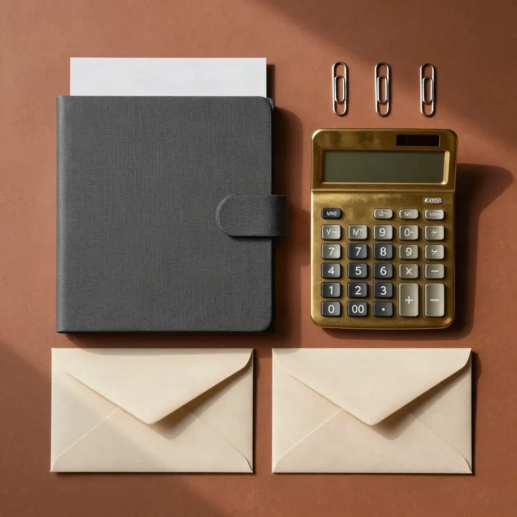 Flatlay de diagnostic financier avec dossier fermé, calculatrice en laiton et enveloppes neutres.