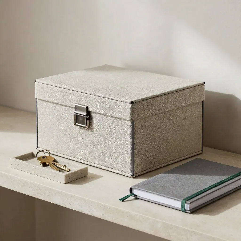 Boîte d’archives, vide-poche à clés et carnet fermé sur une étagère claire.