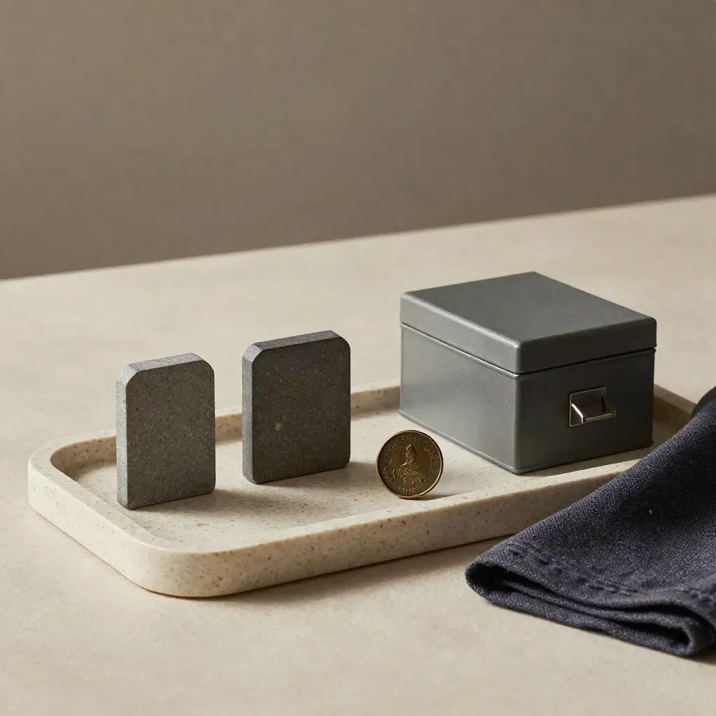 Plateau minimaliste de finance avec diviseurs mats, jeton bronze et boîte de registre.