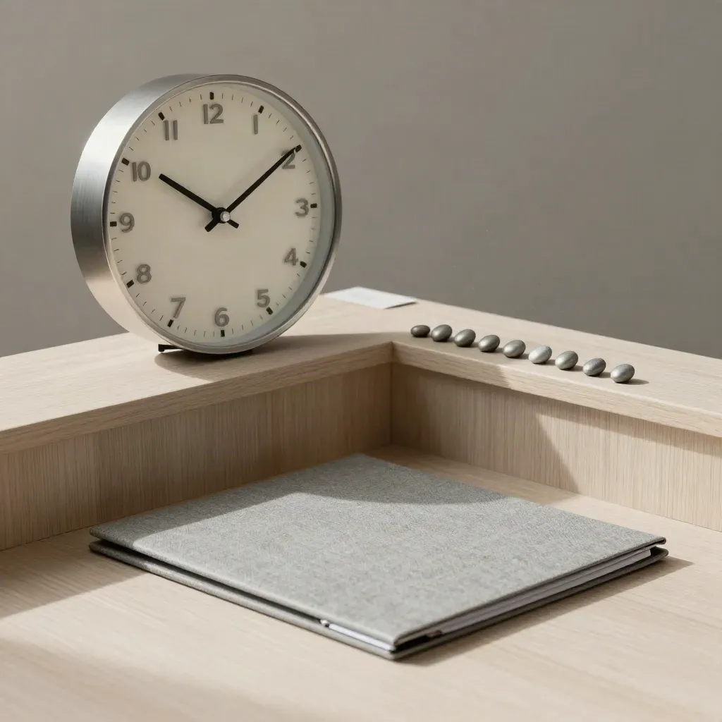 Horloge, marqueurs argentés et dossiers fermés sur bois pâle, lumière douce.