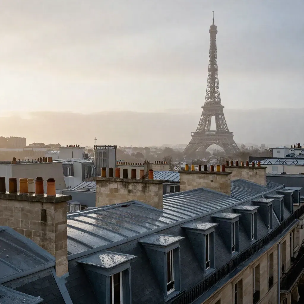 Toits de Paris mouillés, tour Eiffel lointaine dans la brume rose de l’aube