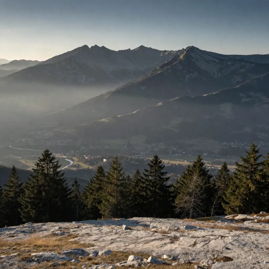 Crête alpine au-dessus d’une vallée urbaine brumeuse, lumière du soir, vaste espace calme.