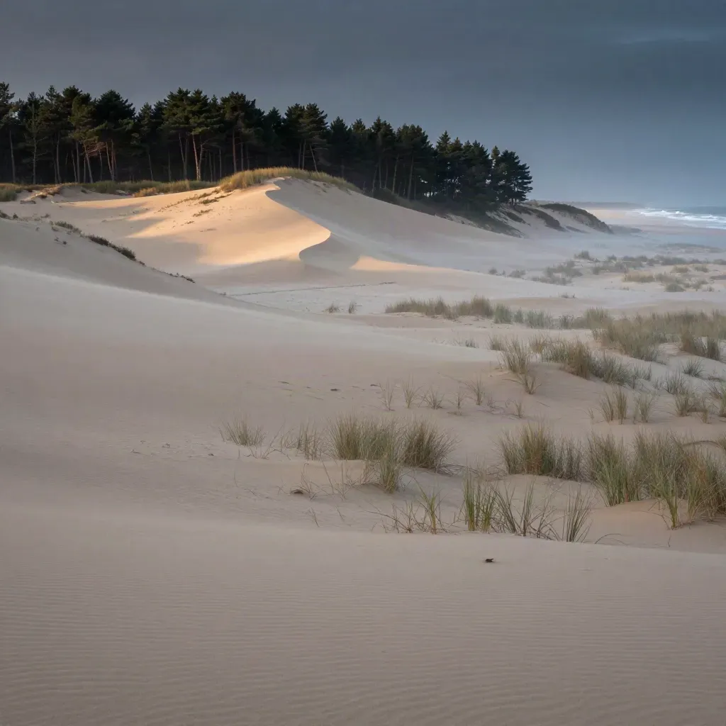 Grande dune de Nouvelle-Aquitaine, pins maritimes et surf lointain sous une brume marine dorée.