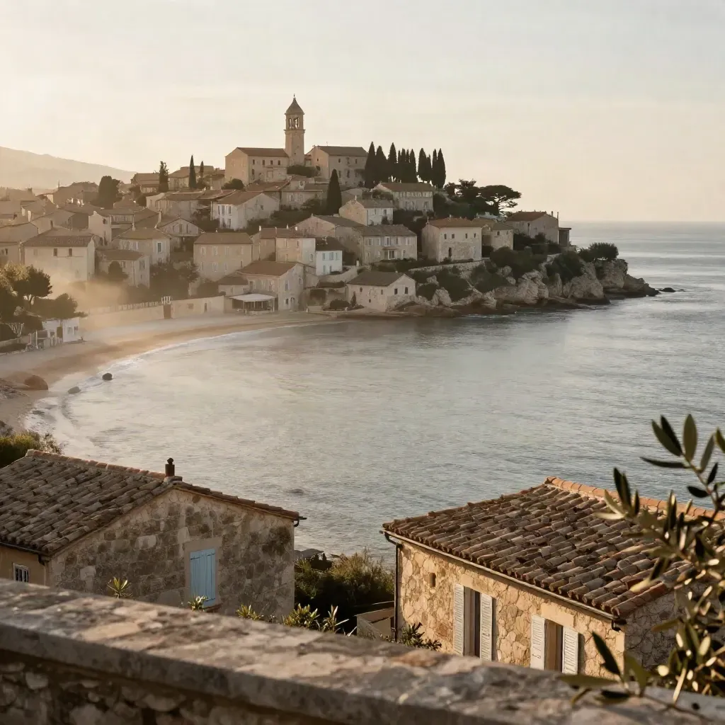 Village provençal sur colline au-dessus d’une baie méditerranéenne, lumière dorée et brume saline.
