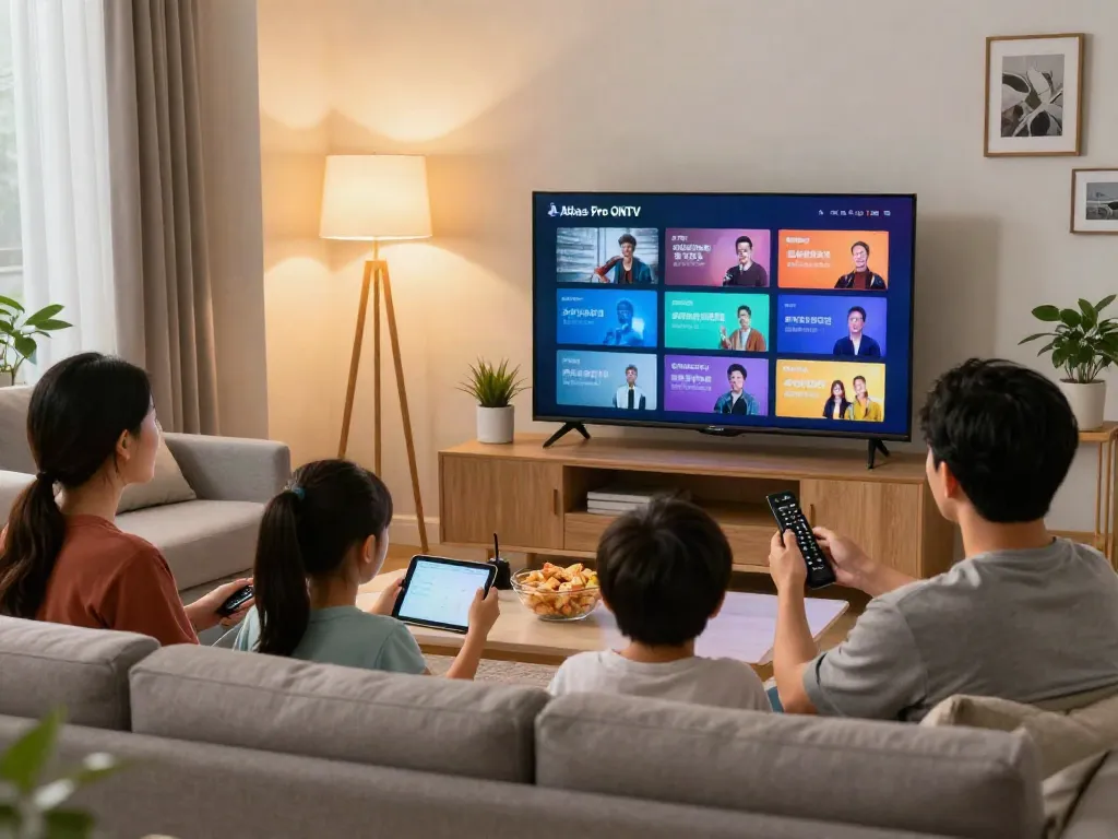Scène familiale regardant la télévision avec Atlas Pro ONTV, ambiance chaleureuse et conviviale.