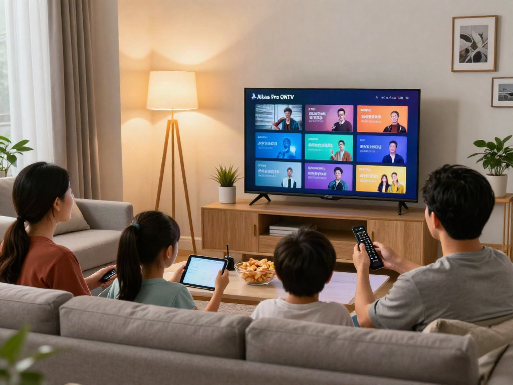 Scène familiale regardant la télévision avec Atlas Pro ONTV, ambiance chaleureuse et conviviale.
