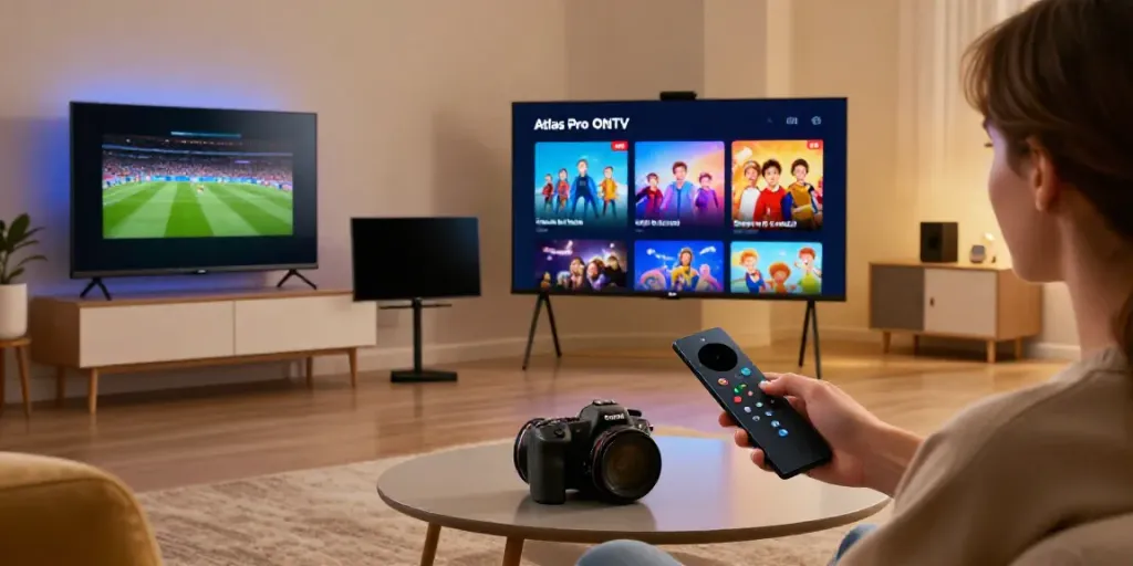 Utilisateur regardant l'application atlas pro ontv sur un écran OLED dans un salon moderne.