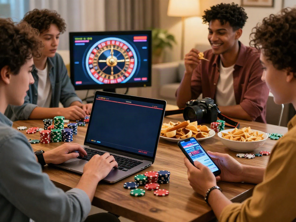Une soirée de jeux en ligne au casino, amis s'amusant avec des ordinateurs et des jetons colorés dans un environnement convivial, reflétant les Casinos Sans Dépôts.